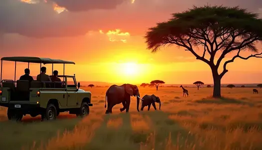 Ein Jeep in Afrika Ein Jeep fährt Elefanten hinterher. Im Hintergrund steht ein Baum und die Sonne geht gerade unter.