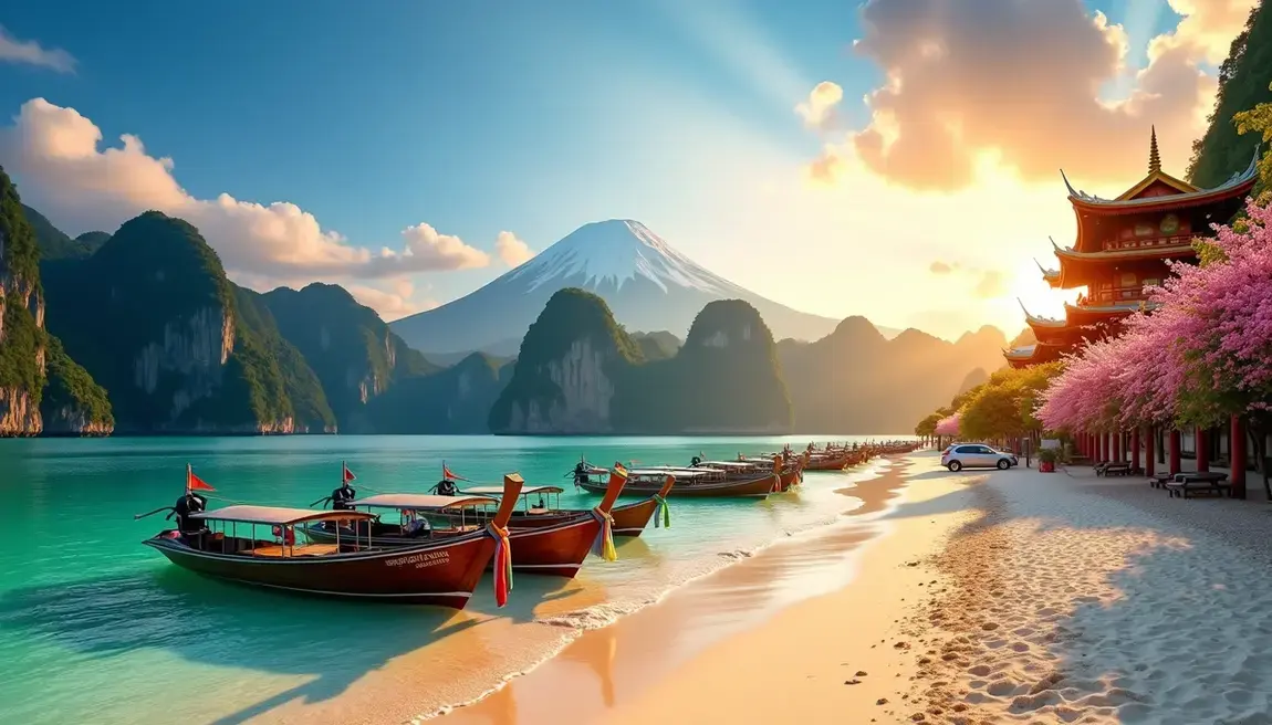 Boote am Strand Boote in einer Reihe am Strand und im Hintergrund ragen große Felsen aus dem Meer.