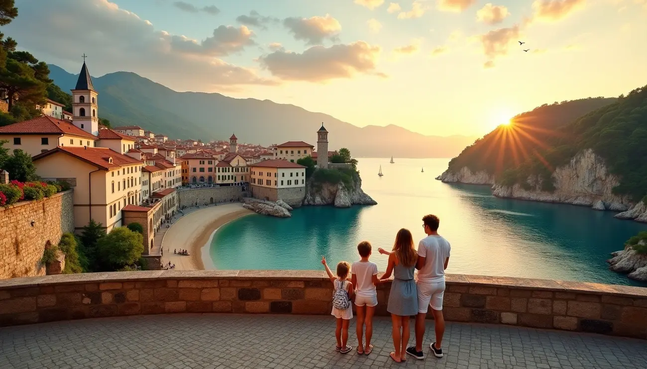 Eine Familie schaut von einer Brücke auf das Meer Eine Familie steht auf einer Brücke und schaut auf das Meer.